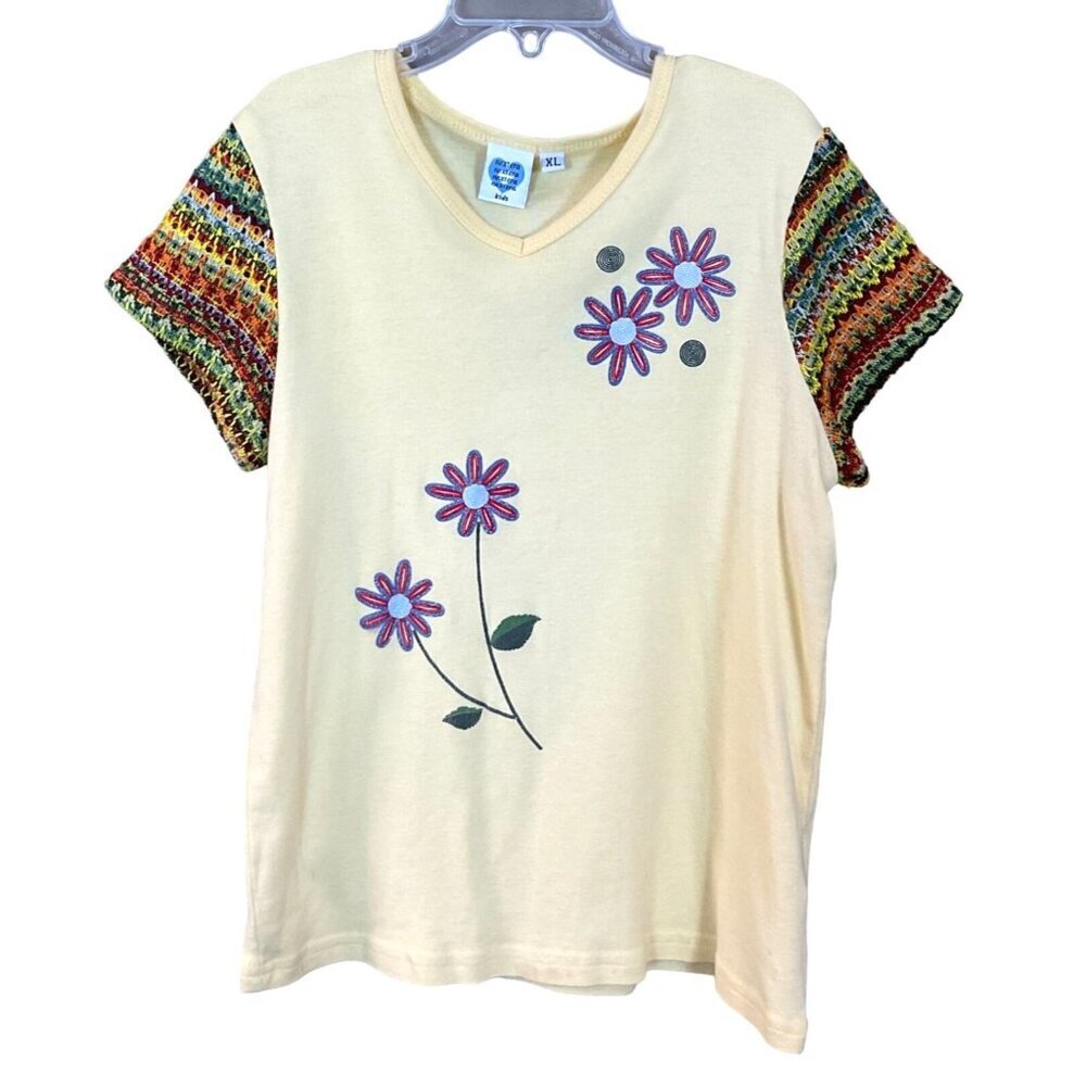 Nextera Kids XL Yellow Tee Rainbow Crochet Sleeves Glitter Floral Embroidery